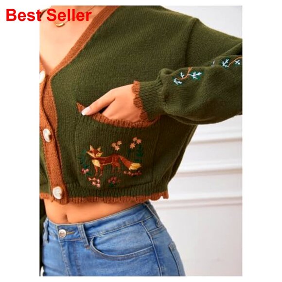 Floral Embroidered Cropped Cardigan Open Front Western Sweater Boho Cottagecore - Picture 6 of 7